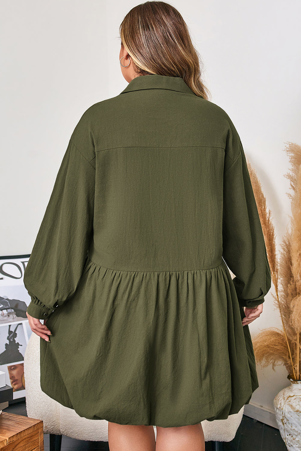 Plus Size Collared Half-Button Ruffle Hem Mini Dress