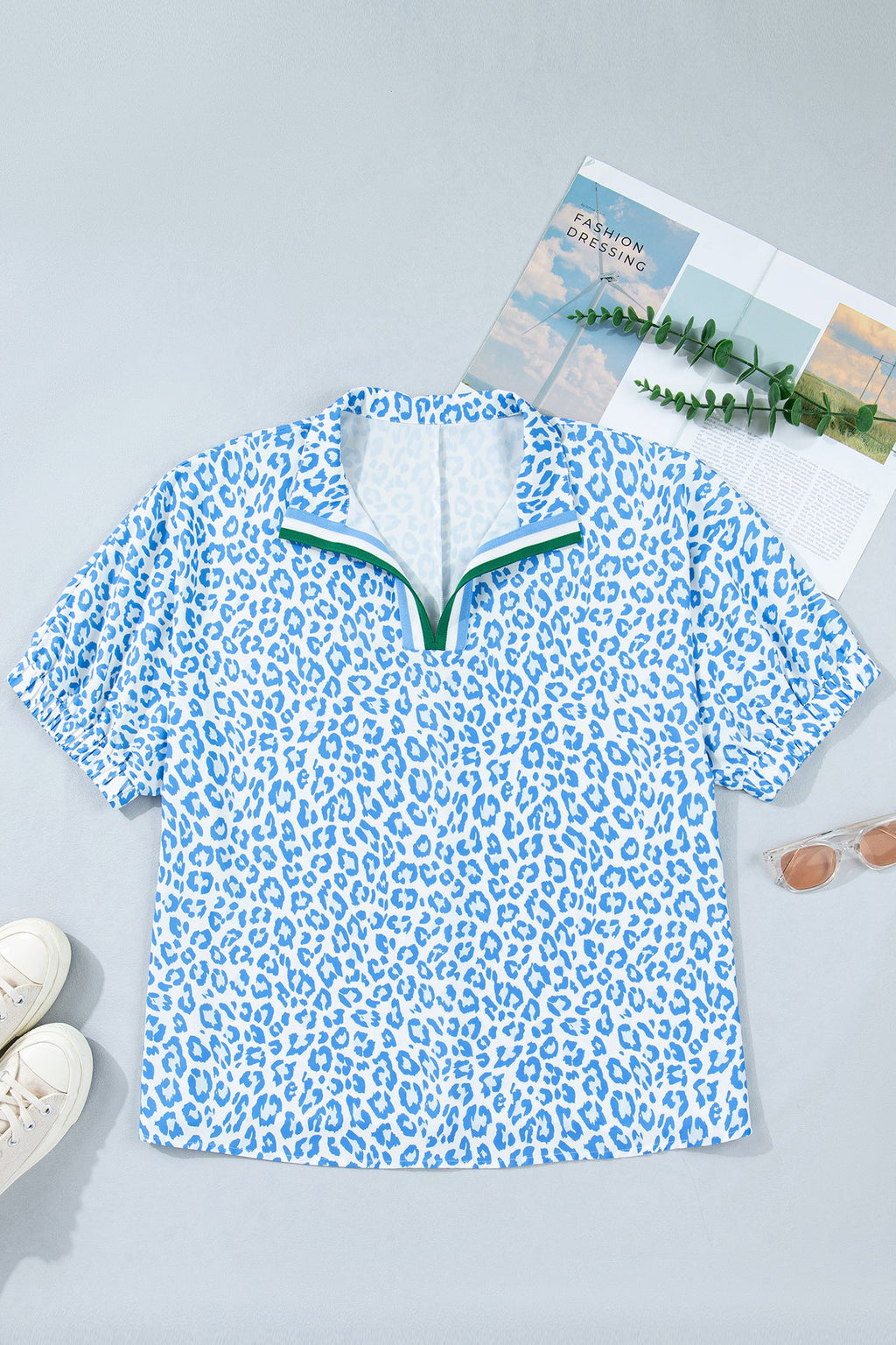 Plus Size Leopard Stripe V-Neck Short Sleeve Blouse