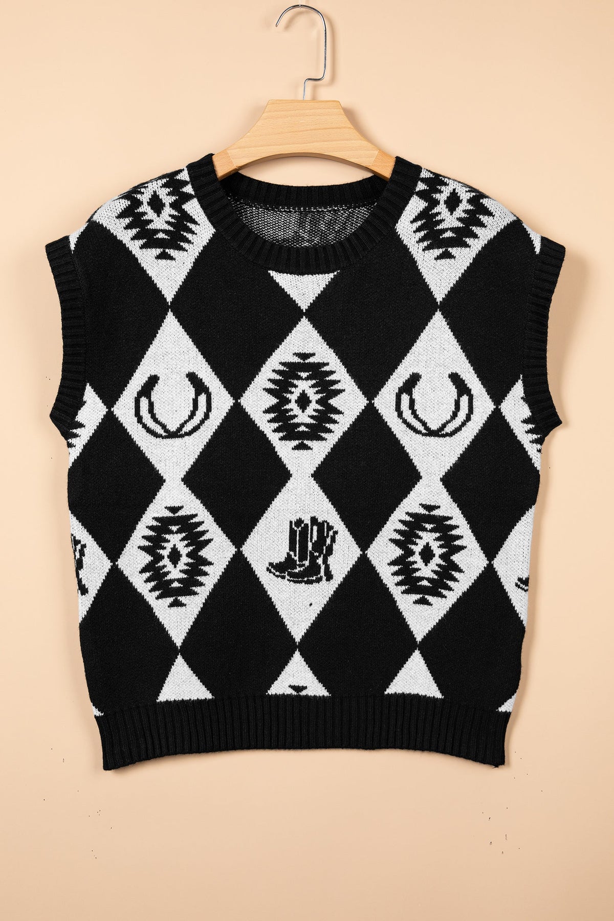 Western Retro Rhombus Short Sleeve Knit Top