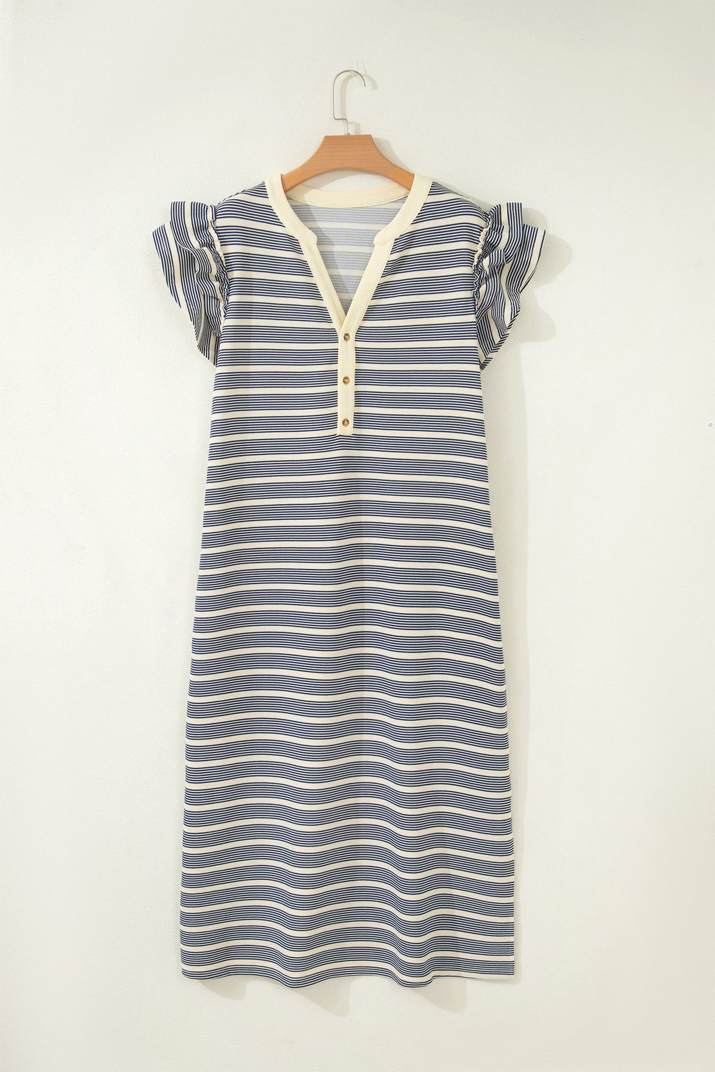 Plus Size Stripe Ruffle Sleeve Button V-Neck Dress