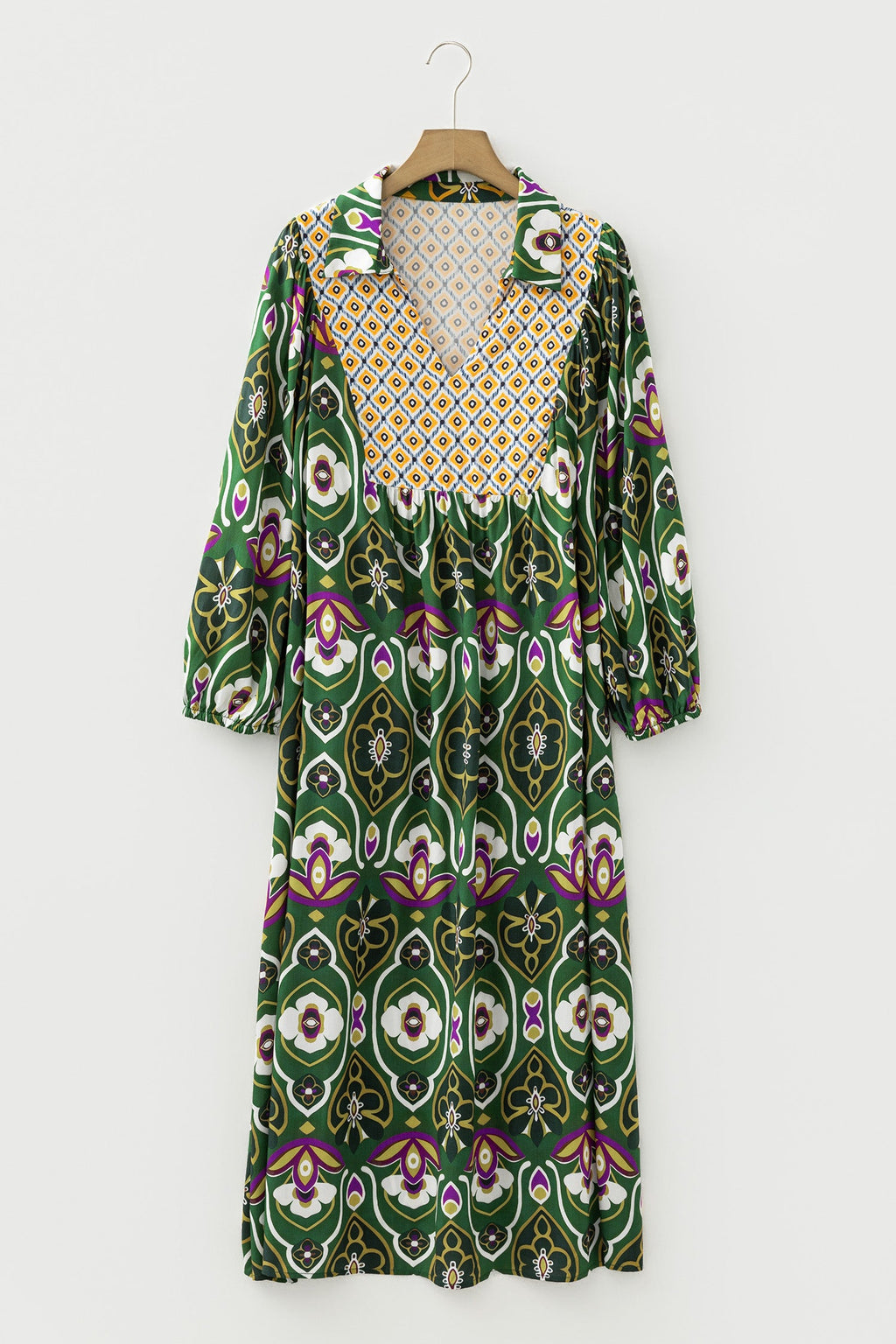 Plus Size Floral Patchwork Collared V-Neck Maxi Dress
