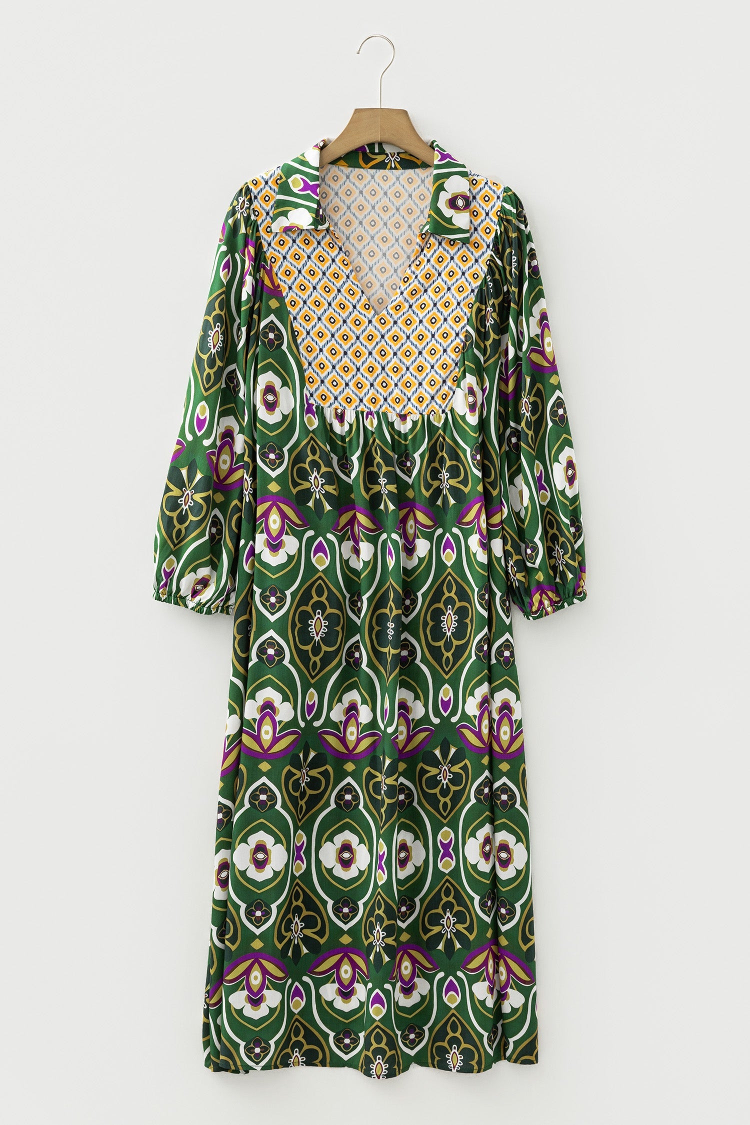 Plus Size Floral Patchwork Collared V-Neck Maxi Dress