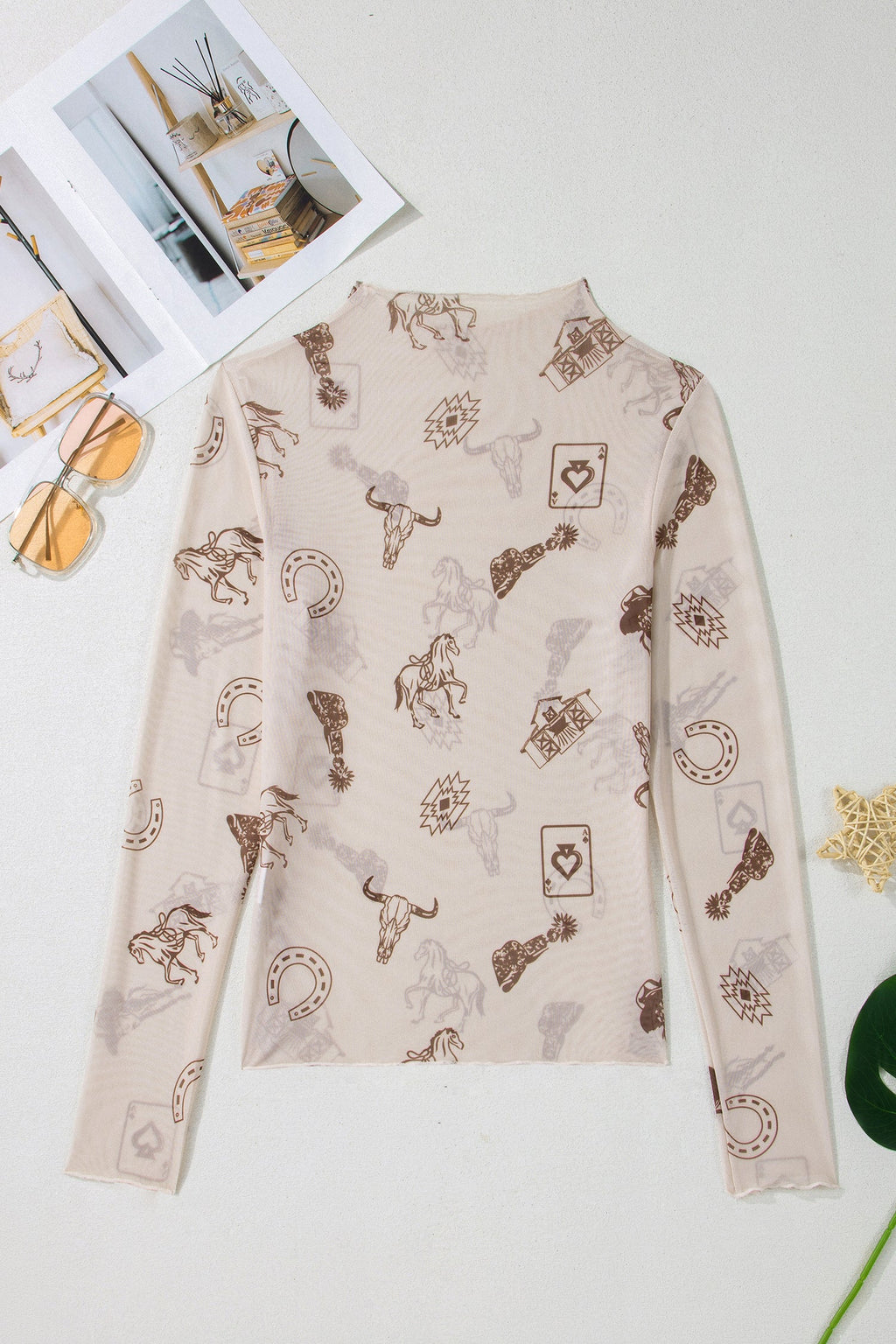 Western Mesh Mock Neck Long Sleeve Top