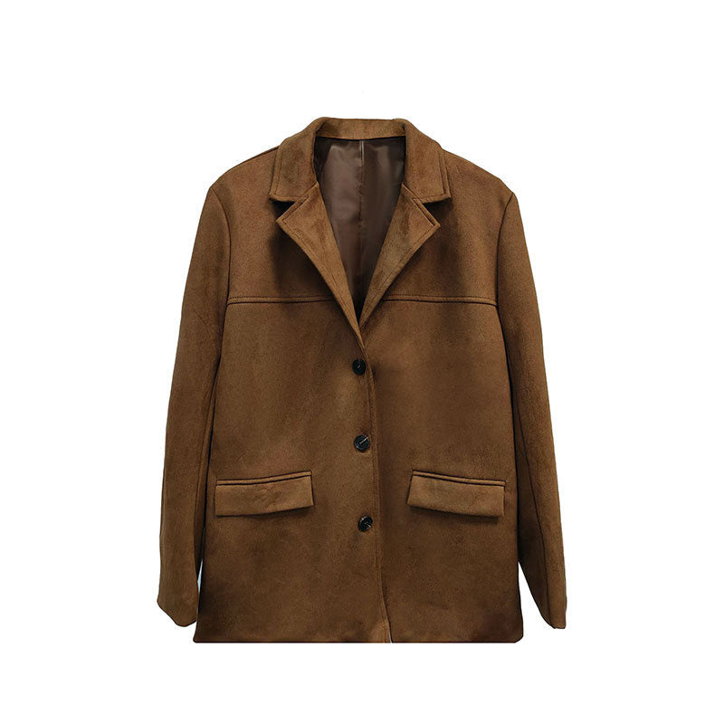 Suede-Look Blazer Jacket — V-Notch Lapel, Button-Front Casual Coat