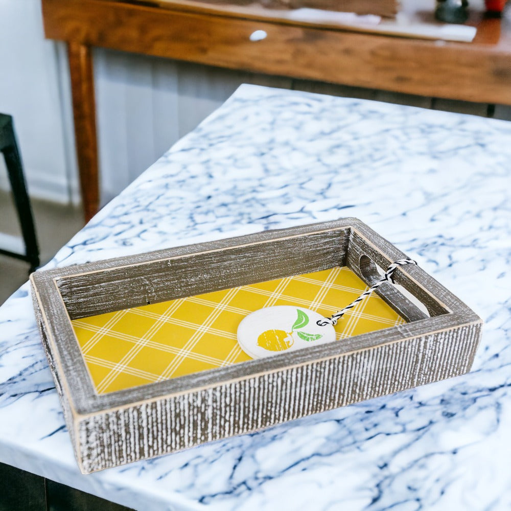 Handmade Wooden Serving Tray Yellow Striped Interior With Double Sided Lemon Ornament