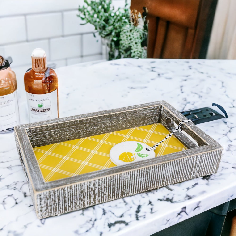 Handmade Wooden Serving Tray Yellow Striped Interior With Double Sided Lemon Ornament