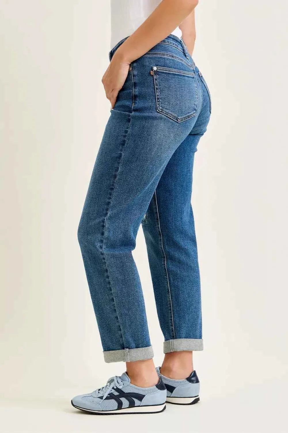 Medium Wash Mid Rise Boyfriend Embroidered Repair Patch Jeans by Judy Blue