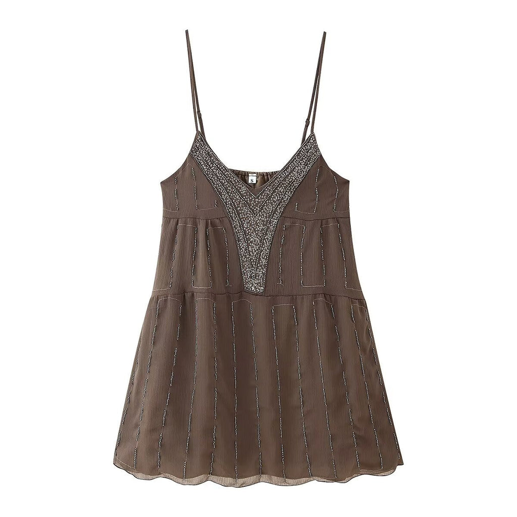 Women Clothing Beaded Sequined Embroidered Suspender Dress
