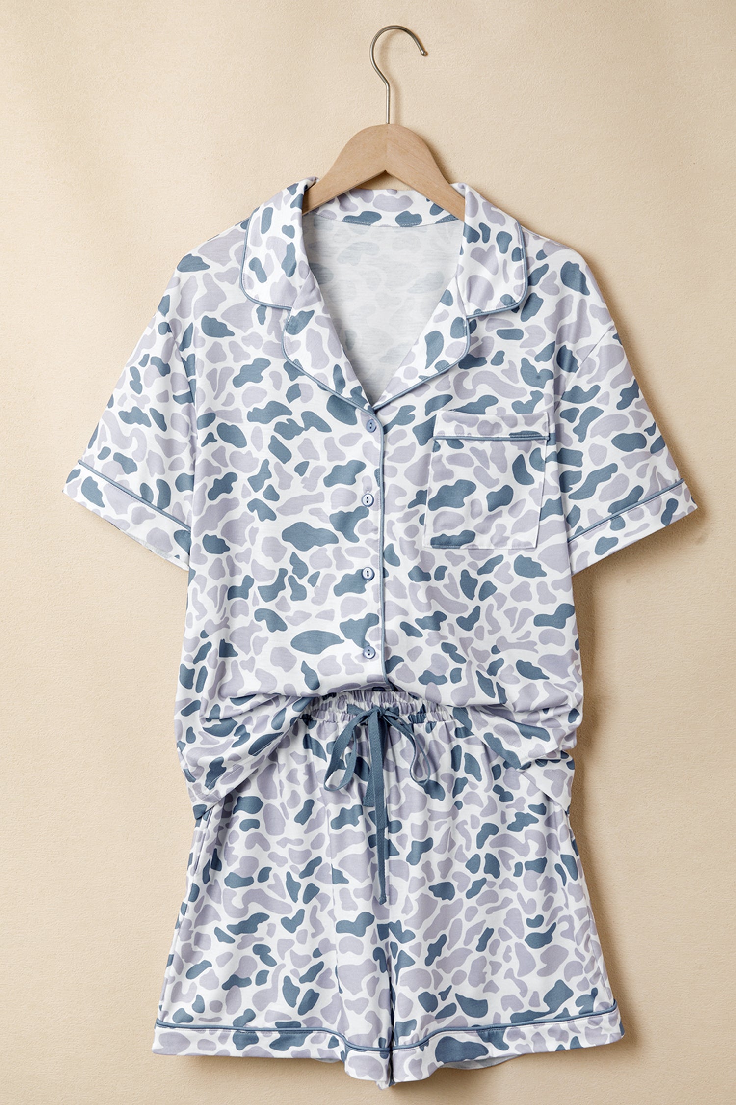 Camo Lapel Shirt & Drawstring Shorts Pajama Set