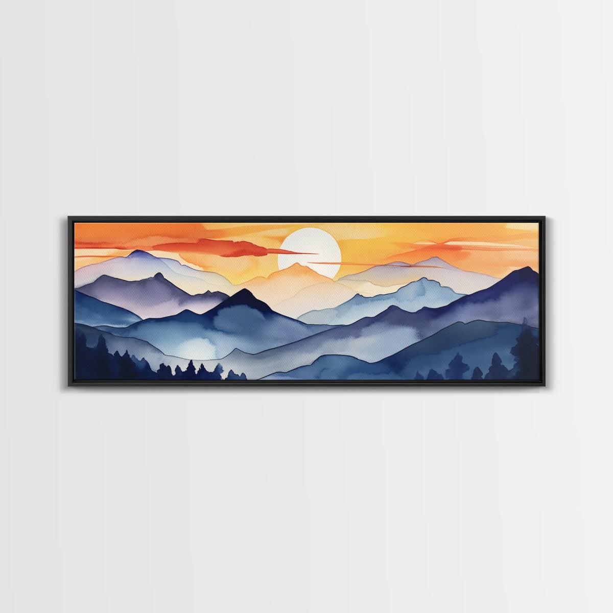 Midcentury Modern Watercolor Painting of a Mountain Sunset, Large Canvas Print, Mountain Artwork, Guest Room Art, Mountain Print, Panoramic