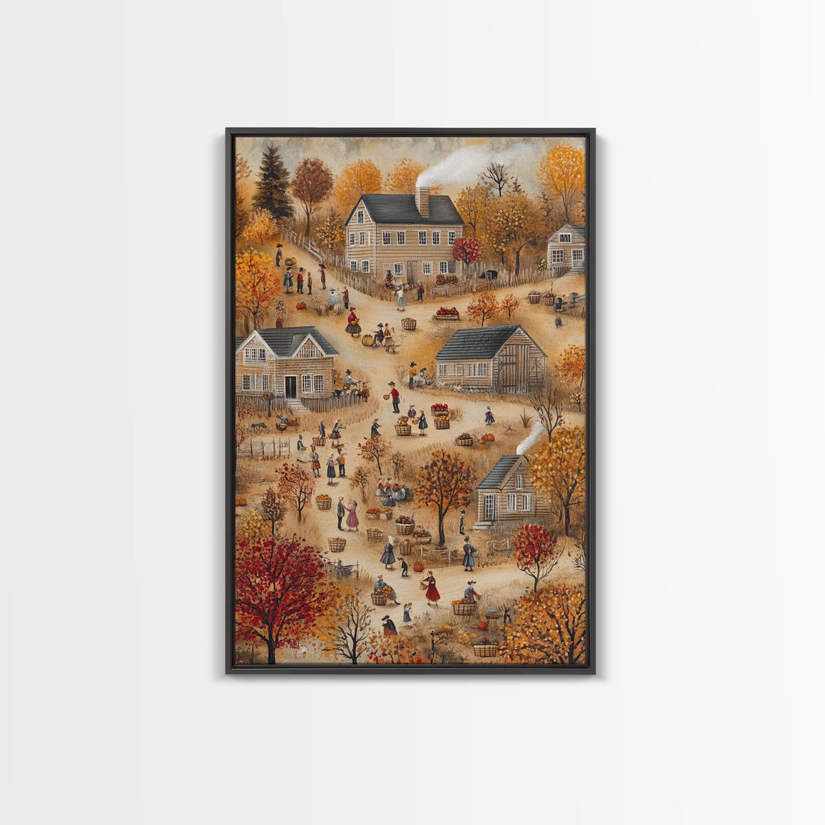 Folk Art Harvest Scene with Autumn Colors and Cozy Farm Activities, Perfect for Framed Canvas Print and Seasonal Wall Decor