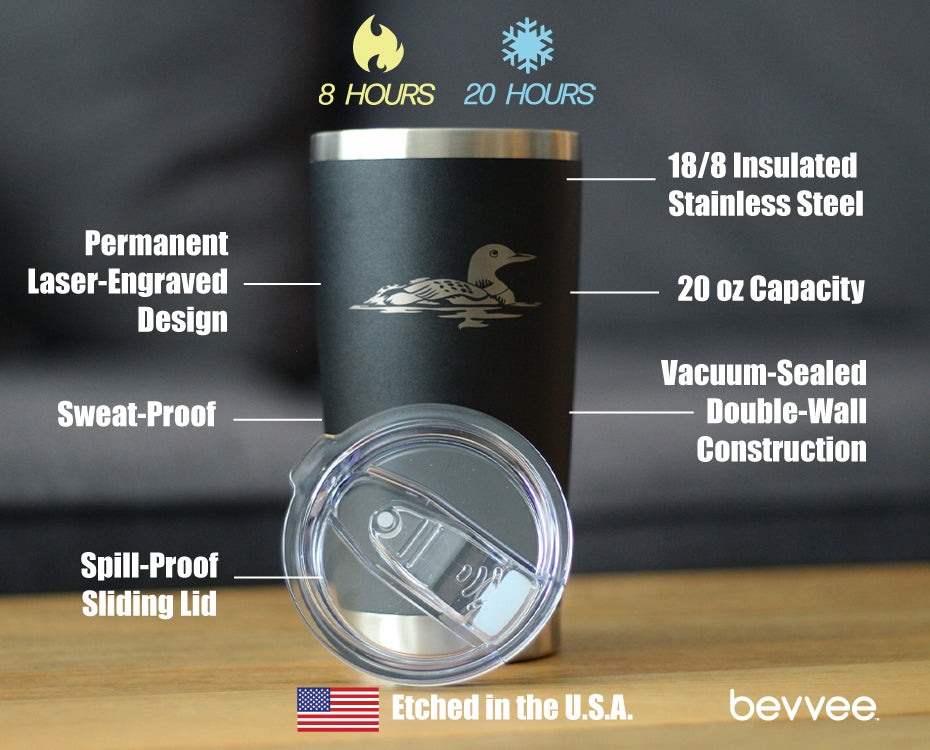 Loon - Insulated Coffee Tumbler Cup with Sliding Lid - Stainless Steel Travel Mug - Loon Gifts for Women and Men