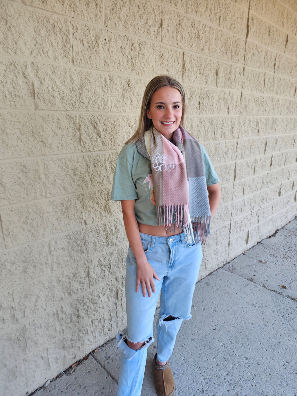 Cozy Fall Scarf – Monogram-Embroidered Plaid Wrap