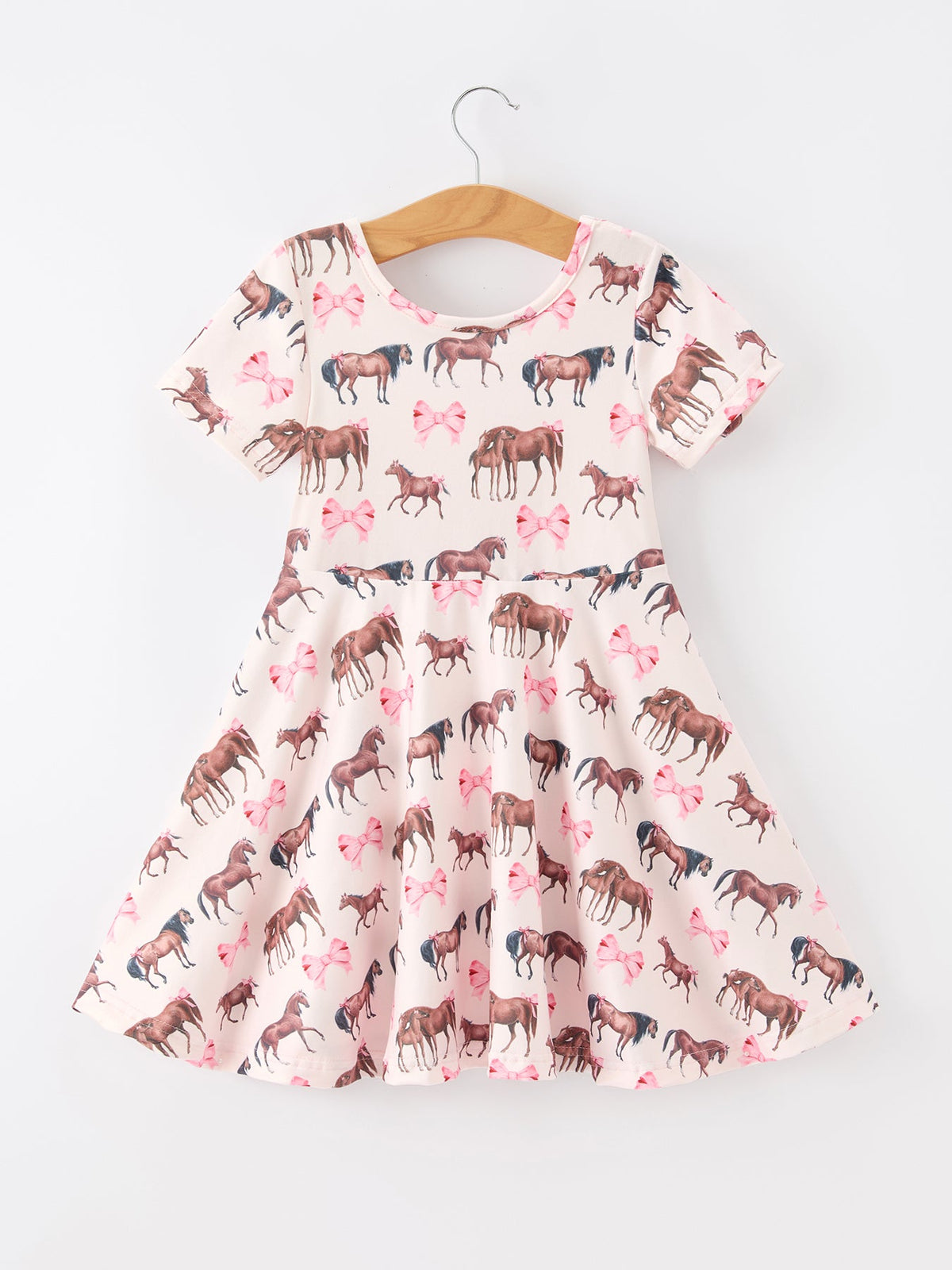 Girls Western Horse Print Twirl Dress Short Sleeve
