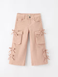Girls Solid Cargo Leggings Side Bow Pocket Wide Leg Pants