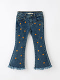 Girls Pumpkin Embroidered Flare Jeans Fall Denim Pants with Fringe Hem