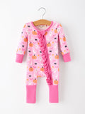 Halloween Pumpkin Ghost Print Baby Girl Pajamas Ruffle Zipper Romper
