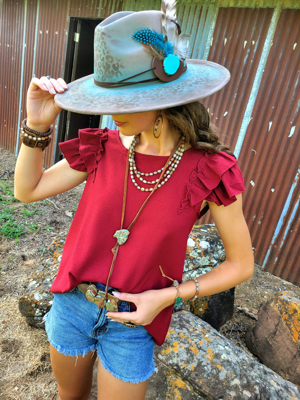 Triple Strand Layered Boho Aqua Terra & Copper Necklace 264m