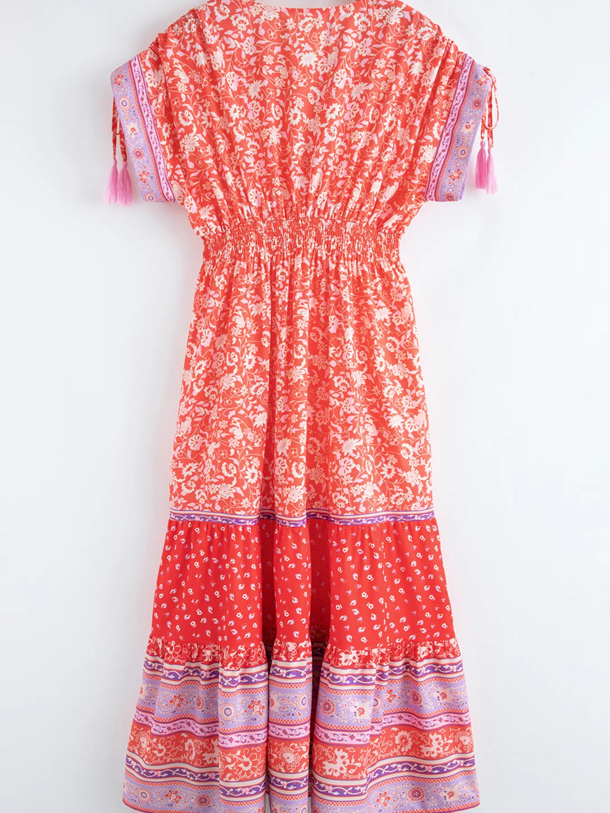 Floral Print Tasseled Tied Sleeve Empire Waist Dress