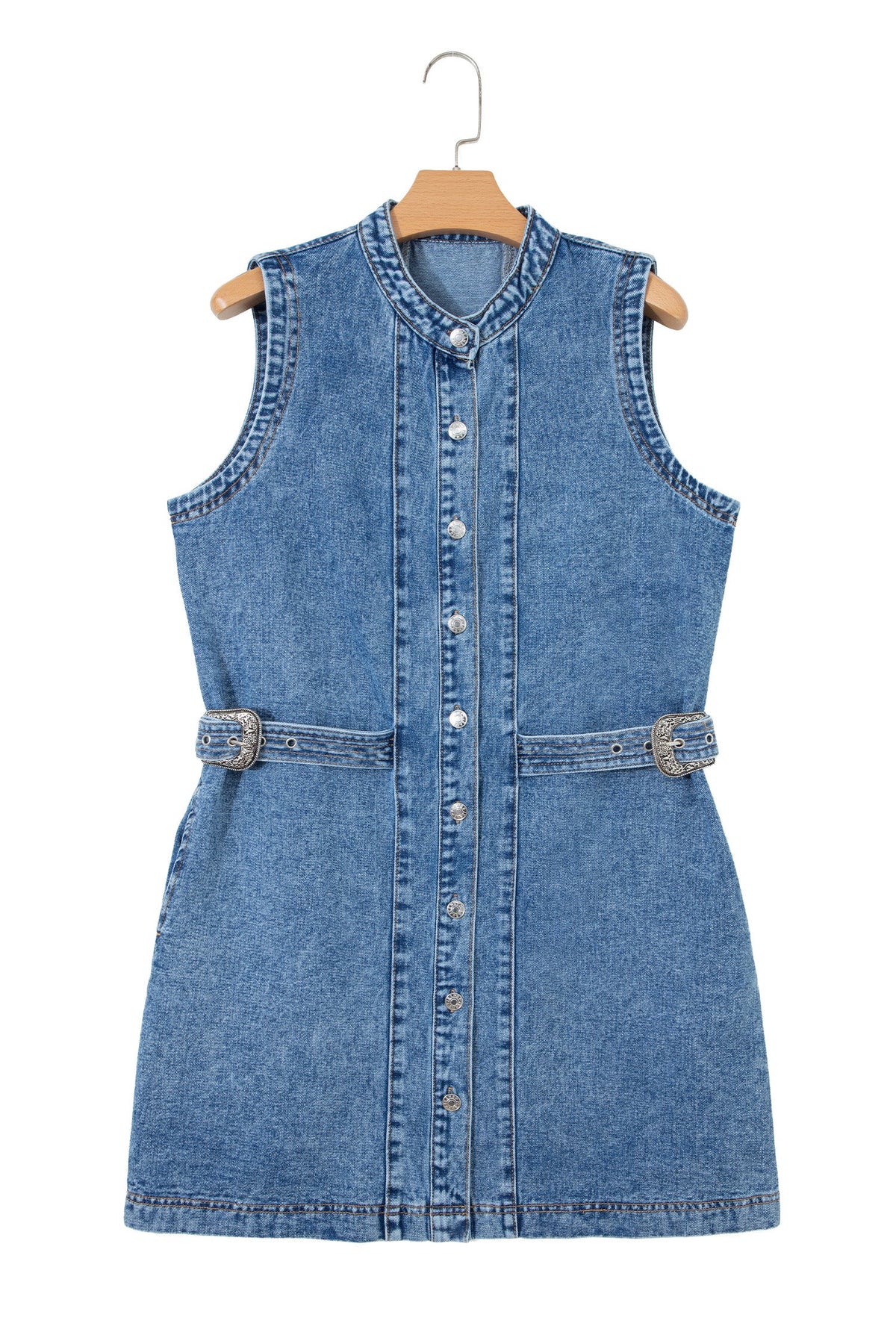 Western Denim Belted Button Down Sleeveless Dress