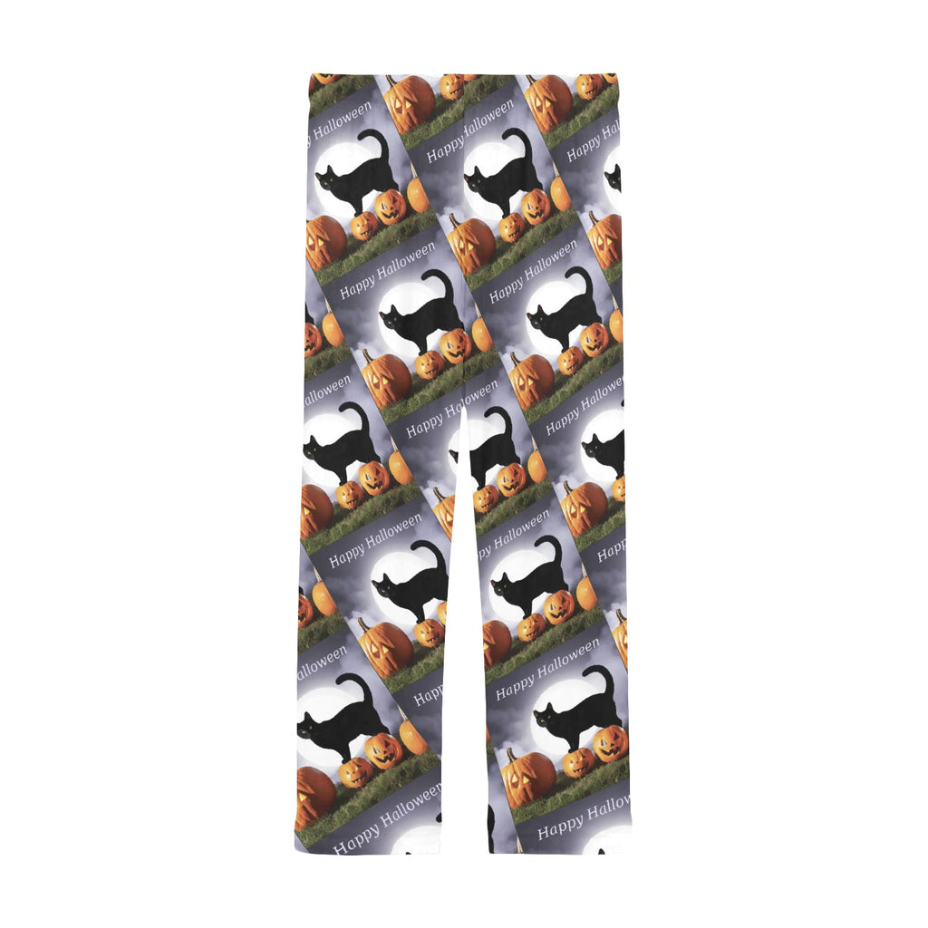 Black Cat with Pumpkins Happy Halloween Men's Pajama Trousers (Made in USA)