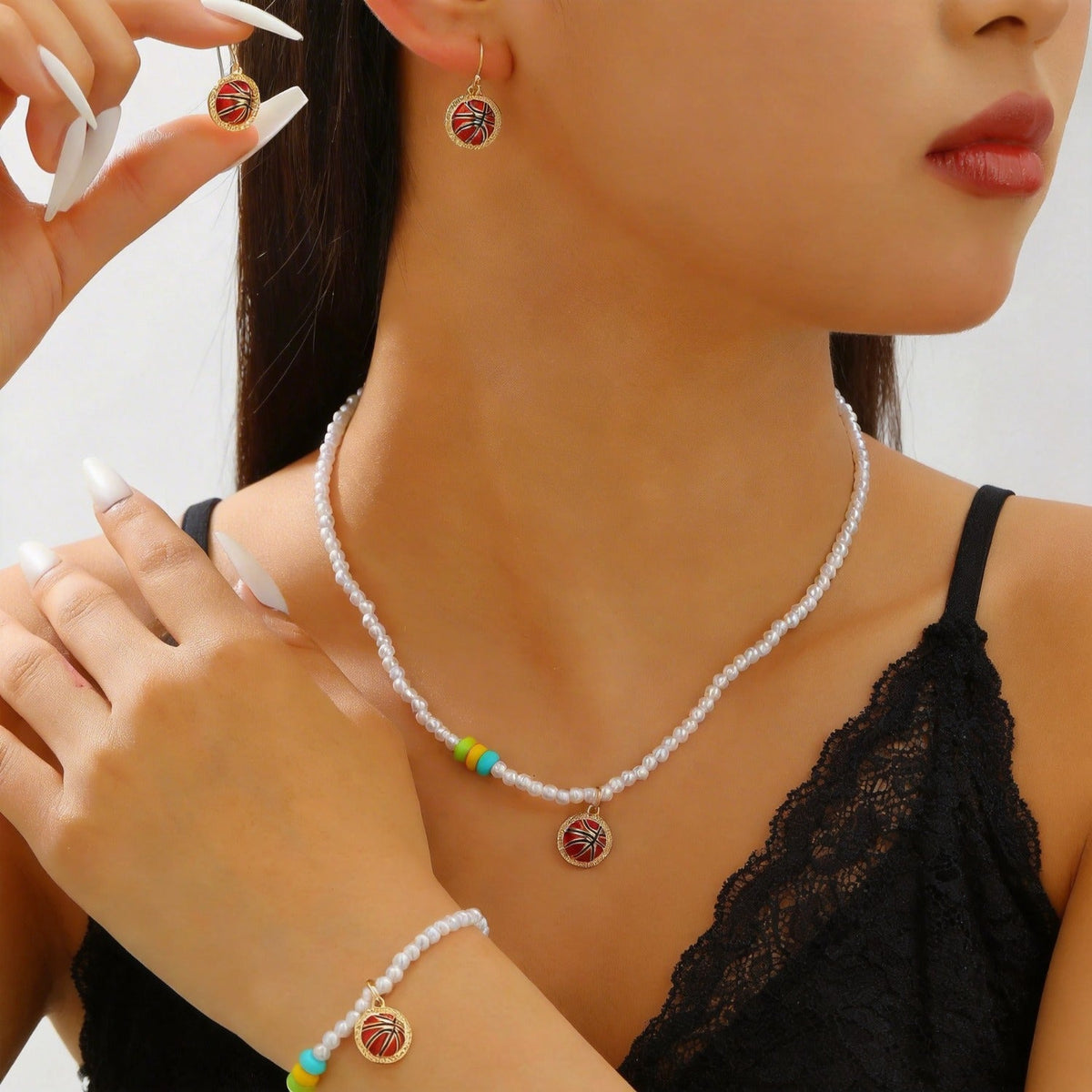 Sporty Soccer Football Rugby Pendant Pearl Beaded Necklace Bracelet Earrings Set