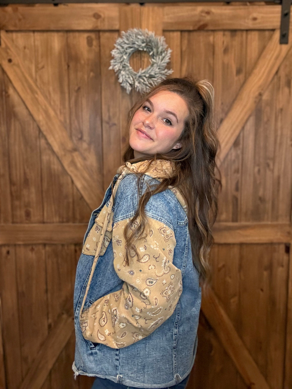 Denim Bandana Patchwork Jacket – Oversized Denim Jacket with Bandana Sleeves – Boutique Women’s Jacket