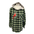 New Hand Printed Women Medium Red Cardinal Bird Plaid Flannel Long Sleeve Hoodie