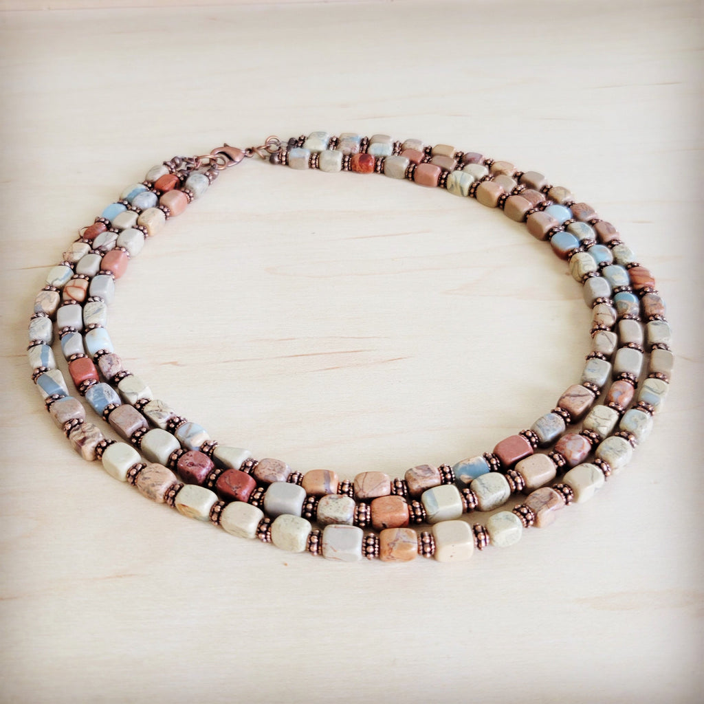 Triple Strand Layered Boho Aqua Terra & Copper Necklace 264m