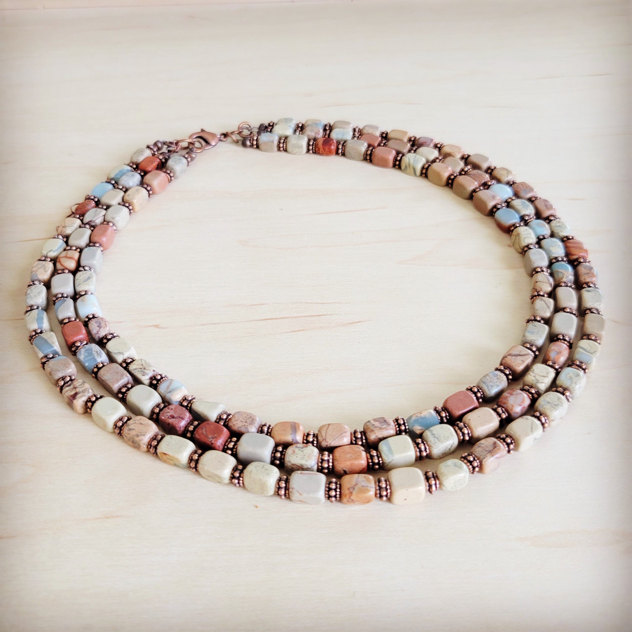 Triple Strand Layered Boho Aqua Terra & Copper Necklace 264m