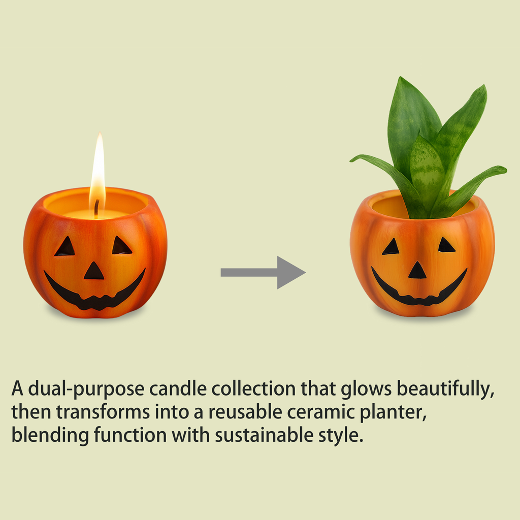 Halloween Pumpkin Candle Holder Set – 2-Piece Jack-O’-Lantern Ceramic Candles