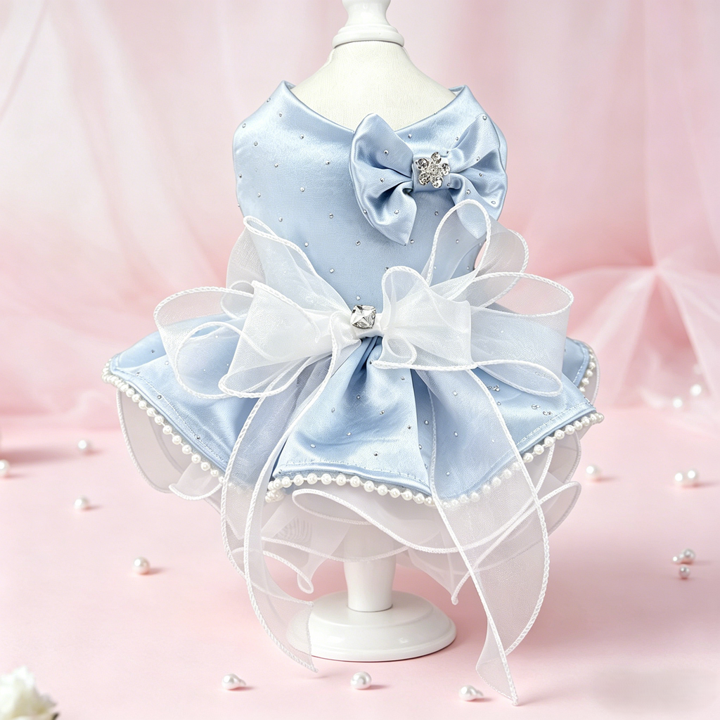 Blue Satin Dog Wedding Dress with Bow
