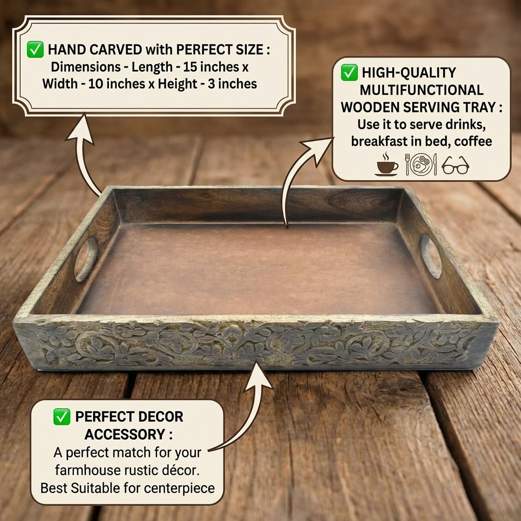 STORE INDYA Hand Crafted Vintage Wooden Serving Tray with Handle for Kitchen Dining. Serve-Ware Accessories | 15 x 10 Inches