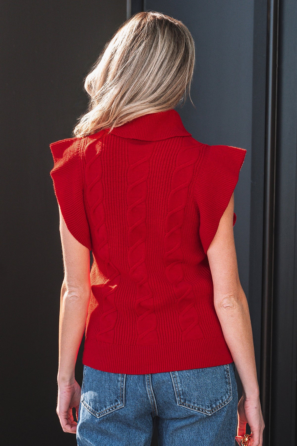 Tomato Red Cable Knit Turtleneck Ruffled Short Sleeve Sweater