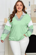 Plus Size Colorblock Stripe Patchwork Collared V-Neck Sweatshirt