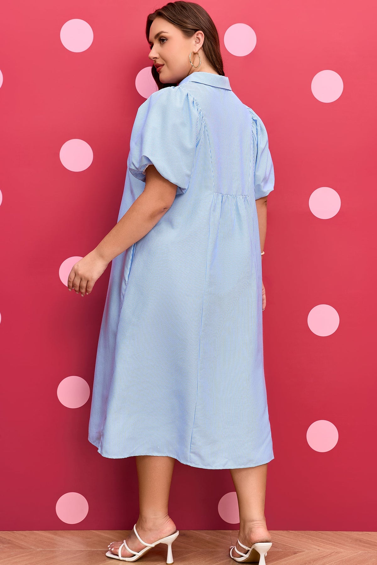 Plus Size Stripe Shirred Collared V-Neck Midi Dress