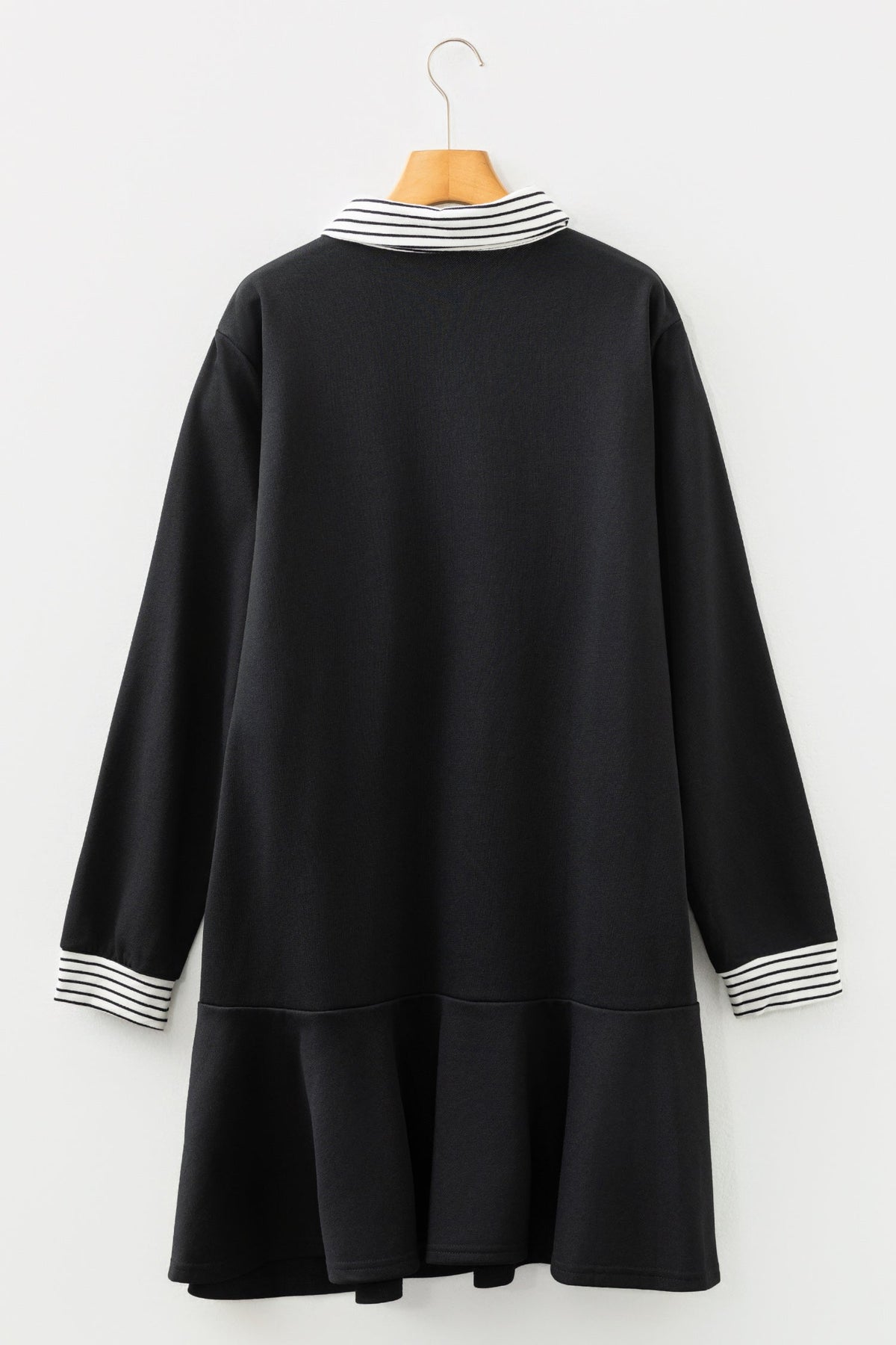 Plus Size Stripe Cuffs Collared Ruffle Hem Dress