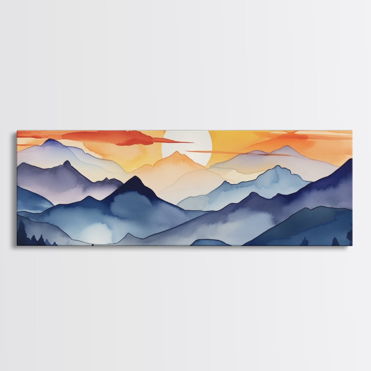 Midcentury Modern Watercolor Painting of a Mountain Sunset, Large Canvas Print, Mountain Artwork, Guest Room Art, Mountain Print, Panoramic
