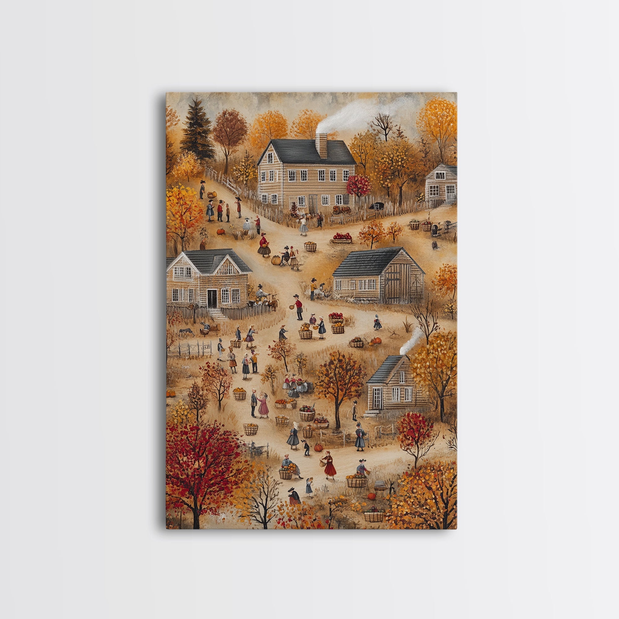 Folk Art Harvest Scene with Autumn Colors and Cozy Farm Activities, Perfect for Framed Canvas Print and Seasonal Wall Decor