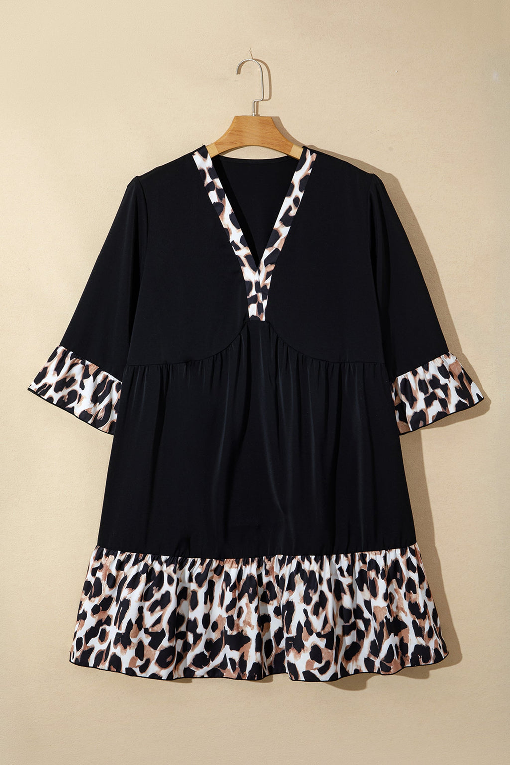 Plus Size Leopard Patchwork V-Neck Ruffle Dress