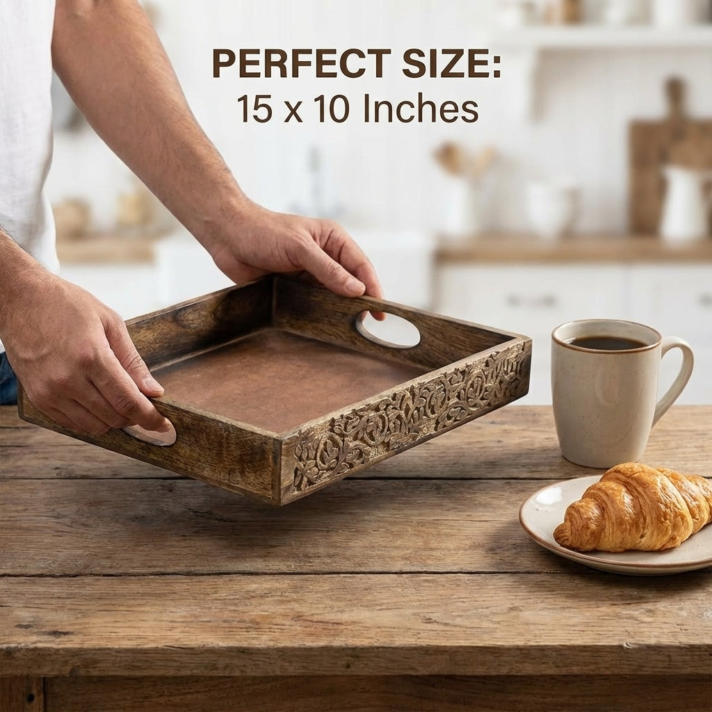 STORE INDYA Hand Crafted Vintage Wooden Serving Tray with Handle for Kitchen Dining. Serve-Ware Accessories | 15 x 10 Inches