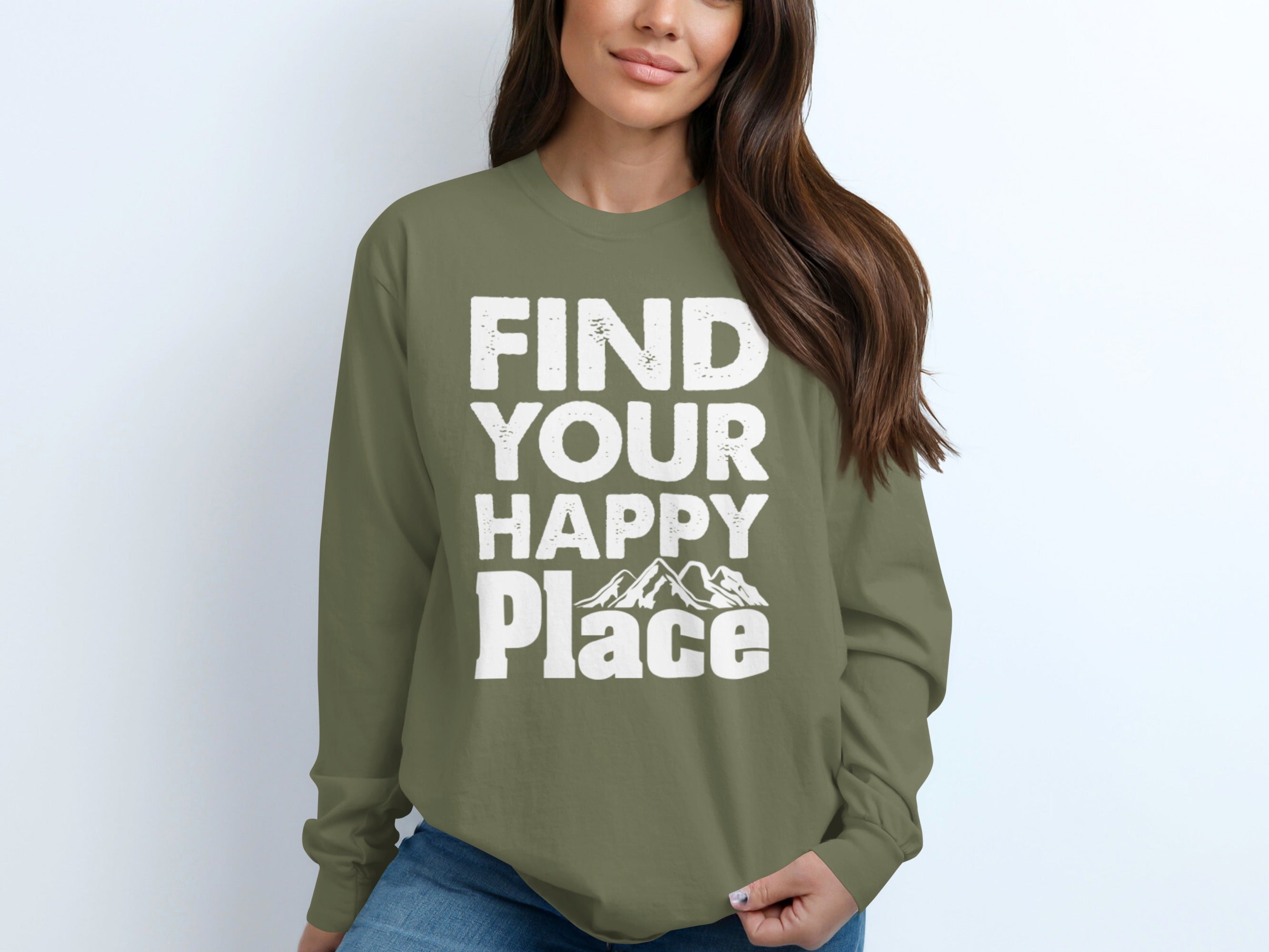 Find Your Happy Place With Mountains Graphic Long Sleeve T-Shirt
