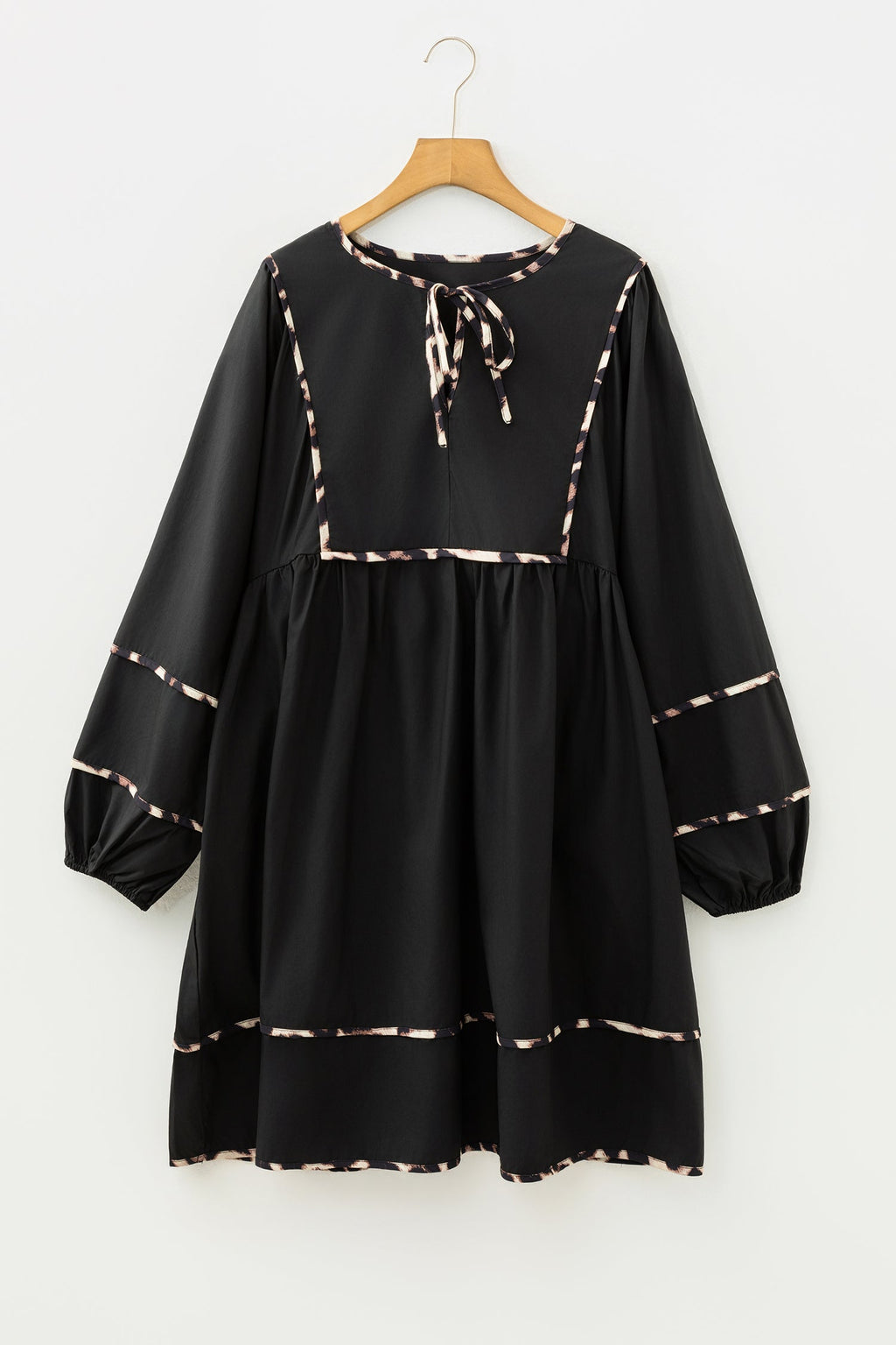 Plus Size Leopard Contrast Trim Tie-Neck Mini Dress