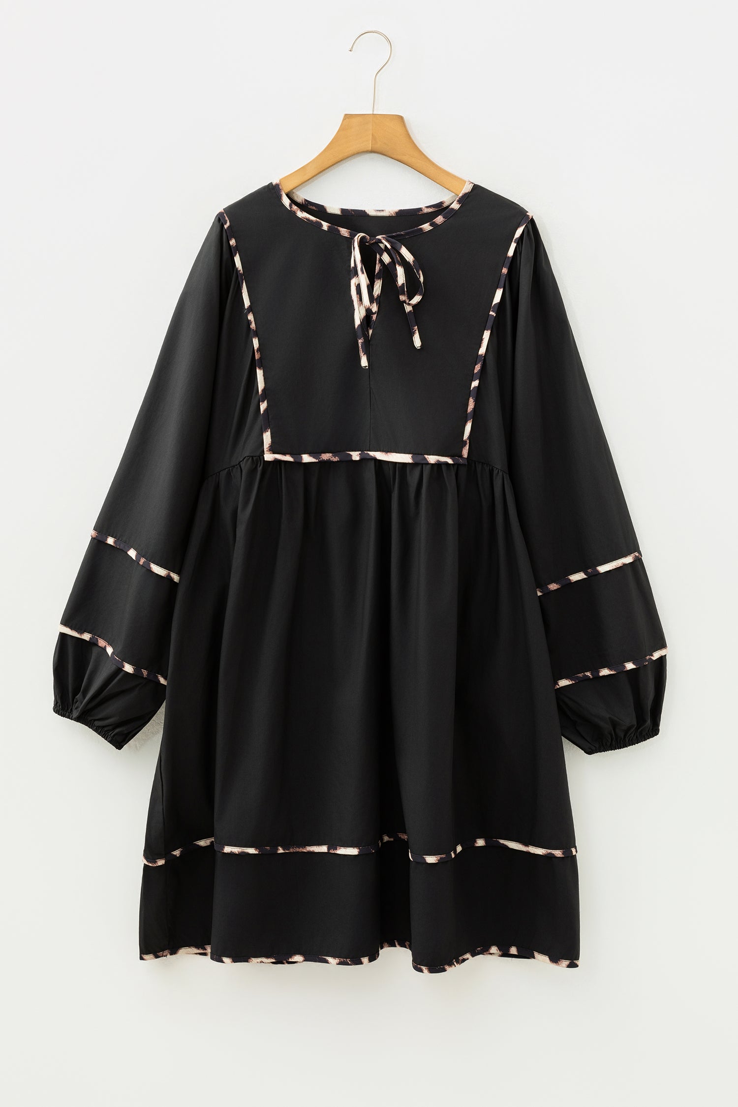 Plus Size Leopard Contrast Trim Tie-Neck Mini Dress