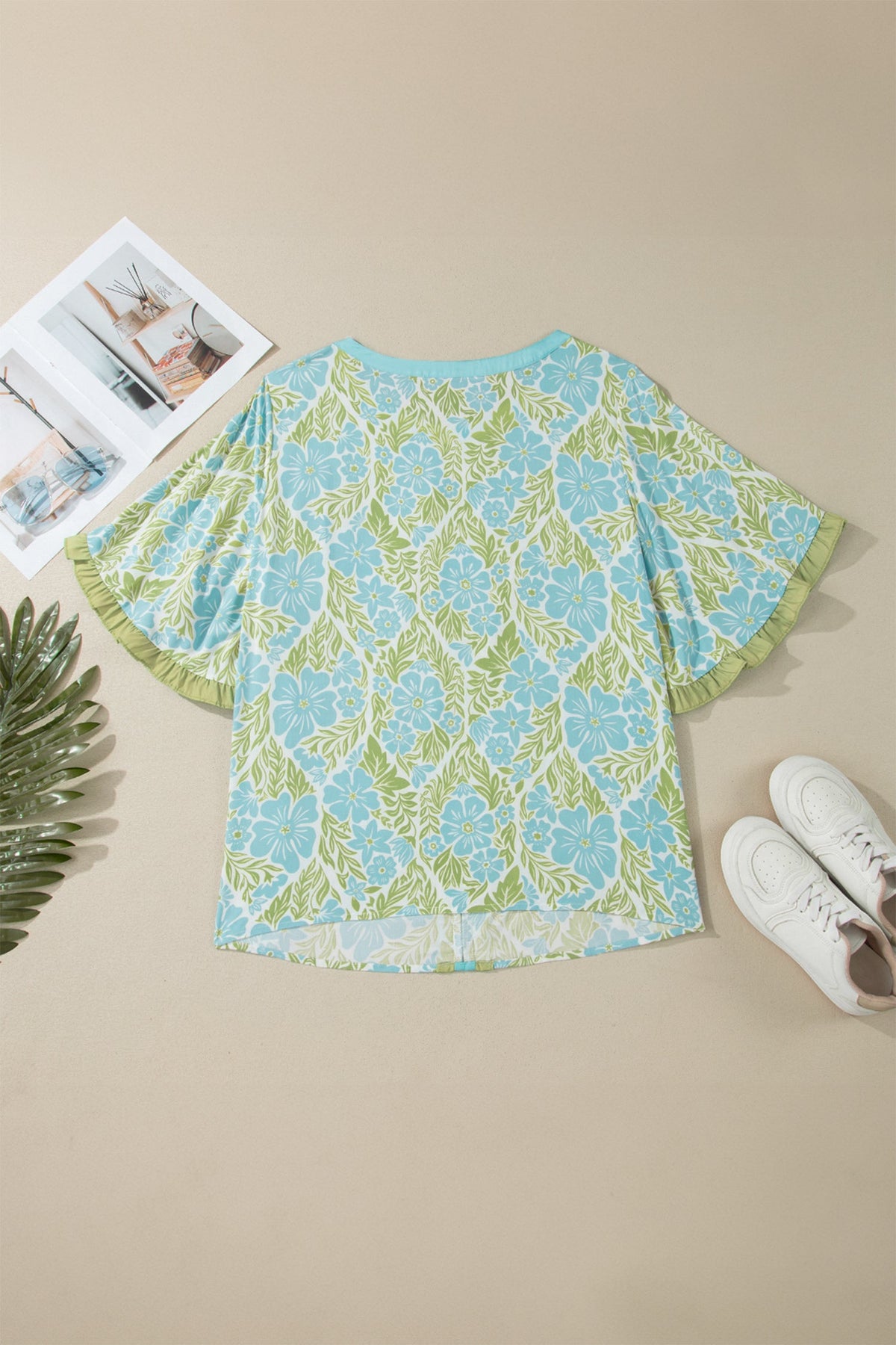 Plus Size Floral Frilled Colorblock Trim Blouse