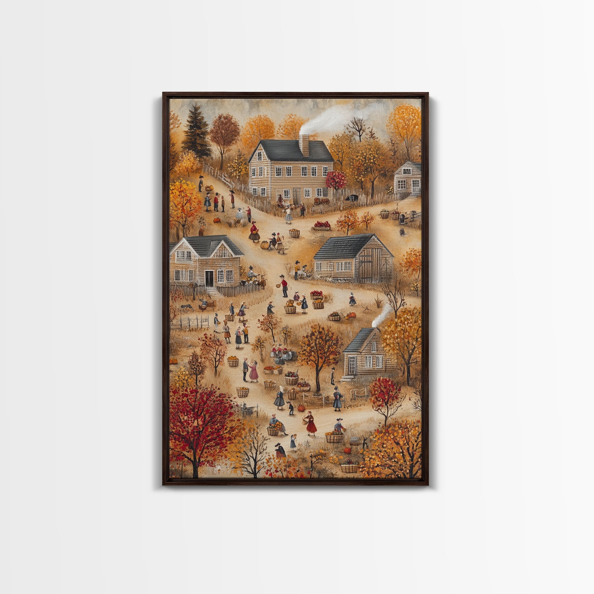 Folk Art Harvest Scene with Autumn Colors and Cozy Farm Activities, Perfect for Framed Canvas Print and Seasonal Wall Decor