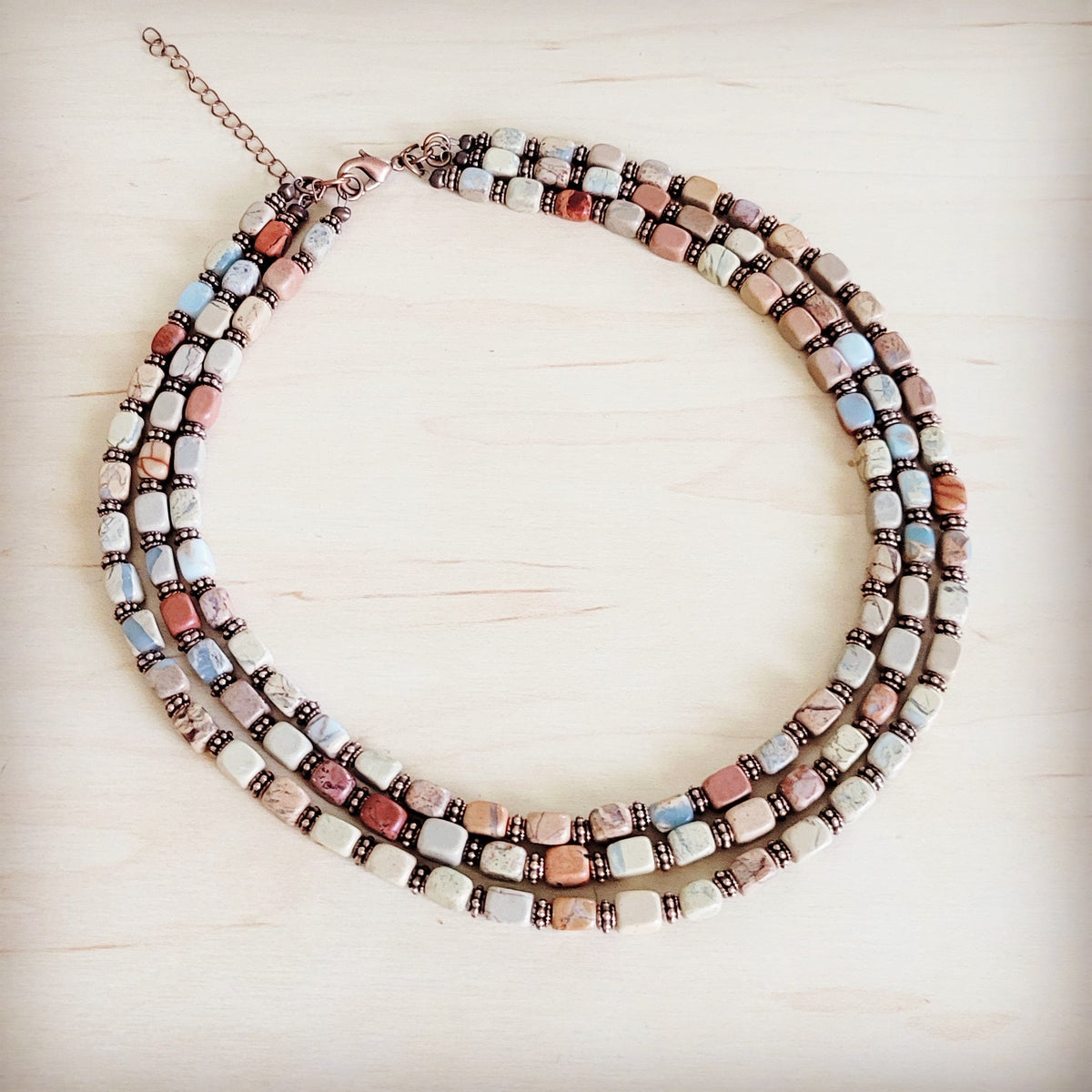 Triple Strand Layered Boho Aqua Terra & Copper Necklace 264m