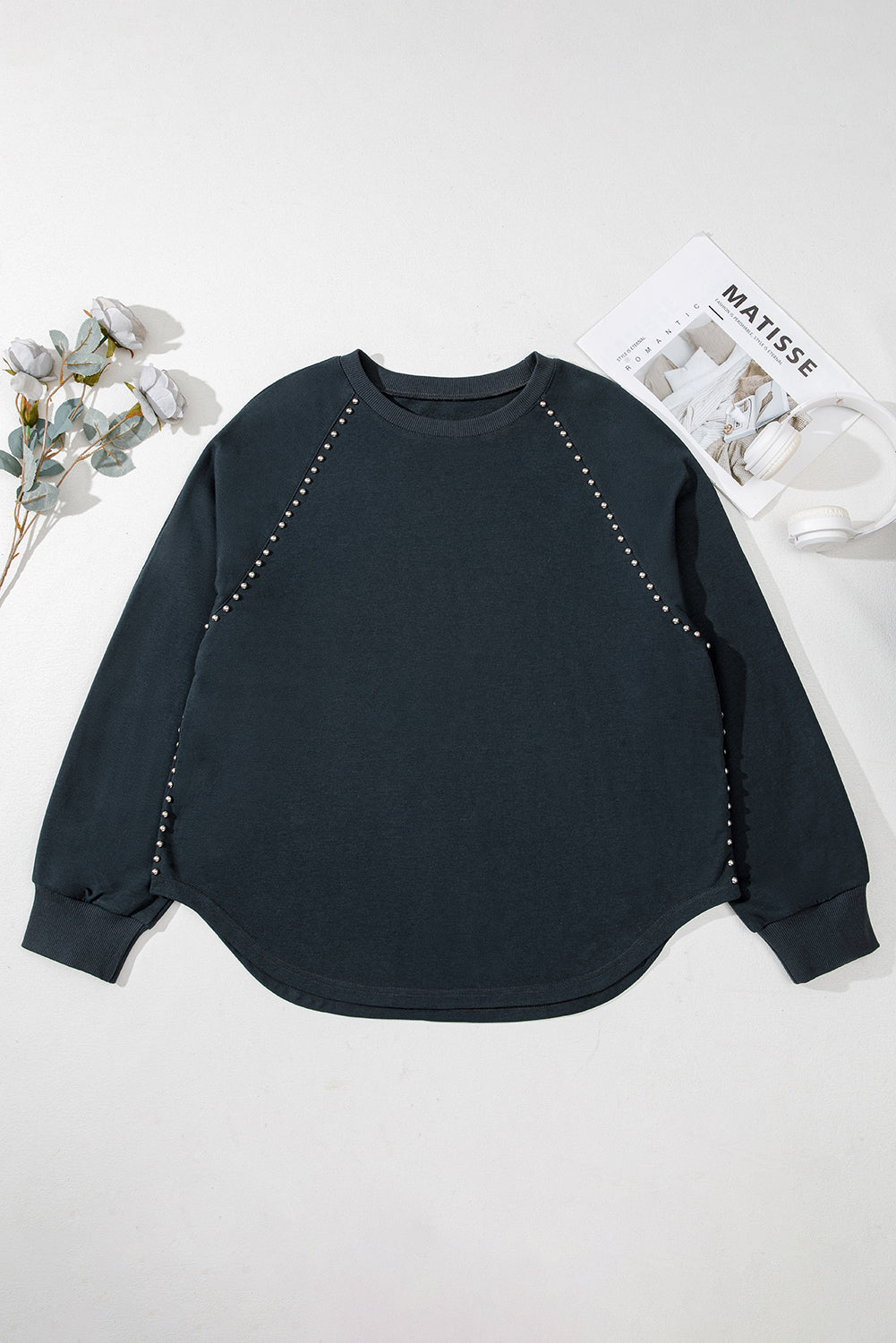 Plus Size Solid Ribbed Edge Studded Mineral Wash Top