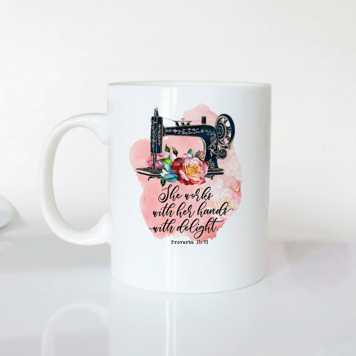 Proverbs 31 Coffee Mug - Watercolor Flower Cup With Vintage Sewing Machine Design