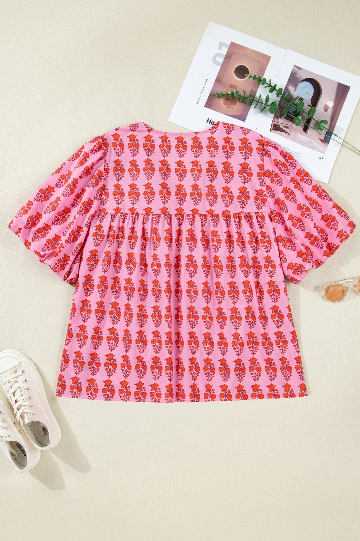 Plus Size Floral Tassel Tie Puff Sleeve Blouse